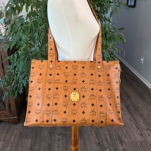 MCM Brown Studded Tote Bag with Geometric Design